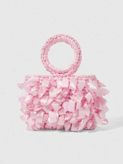 Kawaii Bolso de playa estilo vacaciones con asa trenzada en color rosa