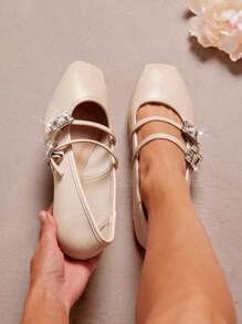 SHUZIA Women's Elegant Faux Leather Square Toe ,Rhinestone Square Buckle Mary Jane Flats Square Toe Mary Jane Flats Mother's Day Present - Beige - View 3