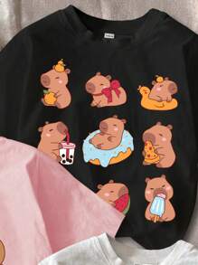 SHEIN Bộ 3 Áo thun tay ngắn cổ tròn họa tiết capybara dễ thương cho bé gái, thích hợp cho mùa hè - Nhiều màu - Xem 5