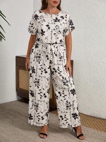 SHEIN Clasi Combinaison casual à manches chauve-souris imprimée de fleurs tout-sur-tout, grande taille pour les vacances - Multicolore - Voir 3