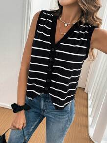 SHEIN Frenchy 女士 V 领单排扣休闲条纹针织背心 - 黑色 - 查看 4