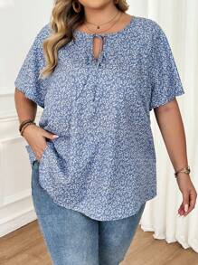 SHEIN CURVE+ 大码女式全版印花系带蝴蝶袖衬衫波西米亚风度假