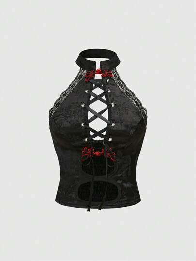 J-Fashion Sexy neuer chinesischer Stil Jacquard Satin Knopf Durchbruch Kreuzträger rückenfrei Trägertop