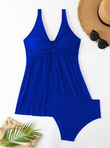 Swim Lushoire Women's Casual Beach Summer Outfits - Twist Design Swimsuit Skirt With Swim Shorts - Royal Blue - View 6