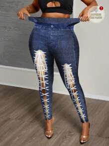 Slaydiva Denim Effect Ripped Bow Design Stretchy Leggings For Women, Summer - Multicolor - View 3