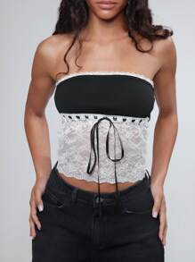 TRNVIE Elegant Colorblock Lace Patchwork Bow Bandeau Top