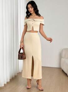 Firerie Women Simple Elegant Off Shoulder Top And Split Hem Skirt Set, Suitable For Office Commute And Daily Wear, Modest - White - View 5