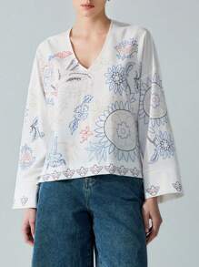 SHEIN Privé New V-Neck Plant Print Women Long Sleeve Blouse Top, Spring/Summer - White - View 6