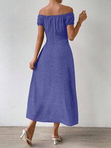 Breezaya Polka Dot Tie Front Off Shoulder Split Thigh Dress Maxi Women Outfit