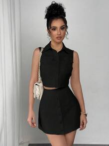 SHEIN Unity 2 Pieces Set: Solid Color Shirt Collar Single-Breasted Vest And Mini Skirt - Black - View 3