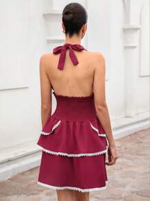 BELROSIE Italian Elegant Birthday Party Dress,White And Burgundy Summer Mini Dress Women,Halter Neckline Waist Cinched Layered Ruffle Hem Lace Trim - Burgundy - View 2