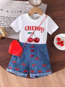 2pcs Young Girl Ivory Knit Short Sleeve Top With Cherry Print, Blue Shorts With Red Cherry Embroidered Unique Fashion Denim Shorts, Summer Outfit