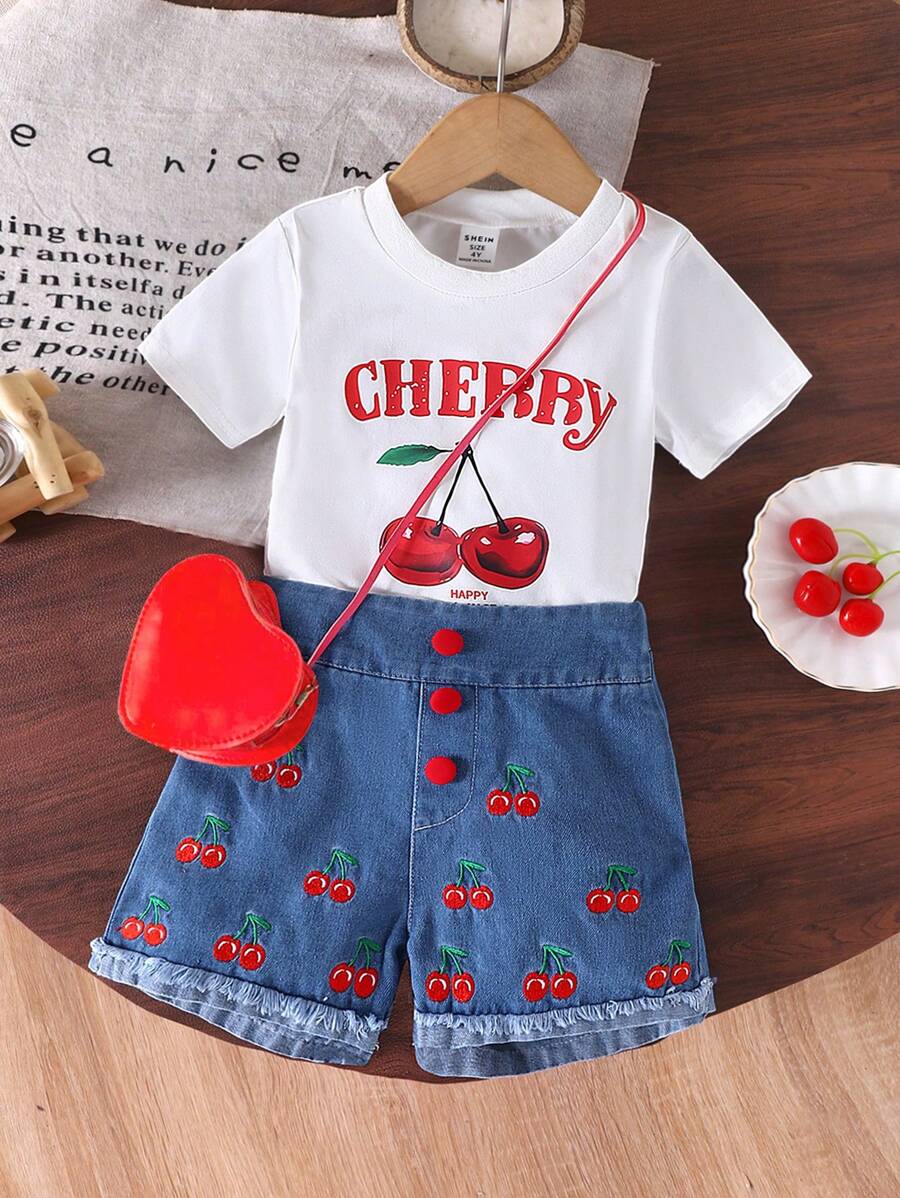2pcs Young Girl Ivory Knit Short Sleeve Top With Cherry Print, Blue Shorts With Red Cherry Embroidered Unique Fashion Denim Shorts, Summer Outfit
