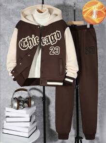 青少年男孩字母圖案條紋飾邊保暖連帽夾克和運動褲無毛衣