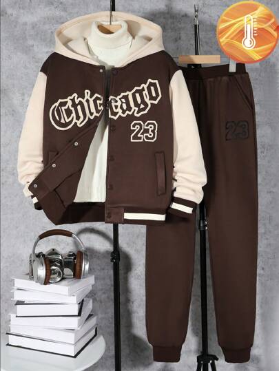 青少年男孩字母圖案條紋飾邊保暖連帽夾克和運動褲無毛衣