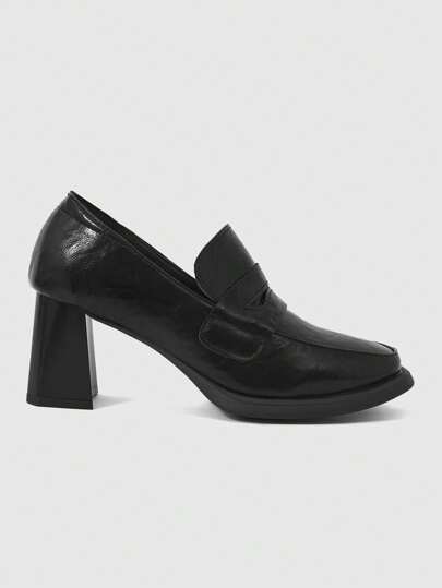 Goth Zapatos de mujer tipo mula de punta cerrada negros, mocasines de tacón grueso tipo slip-on, tacones formales para la oficina y el trabajo