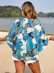 SHEIN VCAY Plus Size Women Marble Print Batwing Sleeve Loose Blouse - Blue - View 2