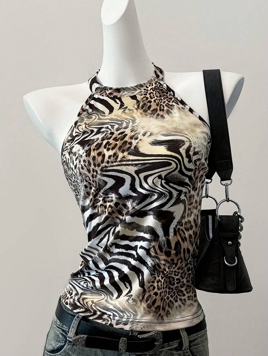 SHEIN EZwear Lễ hội âm nhạc đồ họa phương Tây dành cho nữ mùa hè Áo crop top hở lưng họa tiết da báo - Nhiều màu - Xem 1