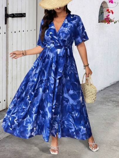 Breezaya Overlap Strap V-Neck Short Sleeve Oblique Split Loose Elegant Plus Size Women's Vacation Dress