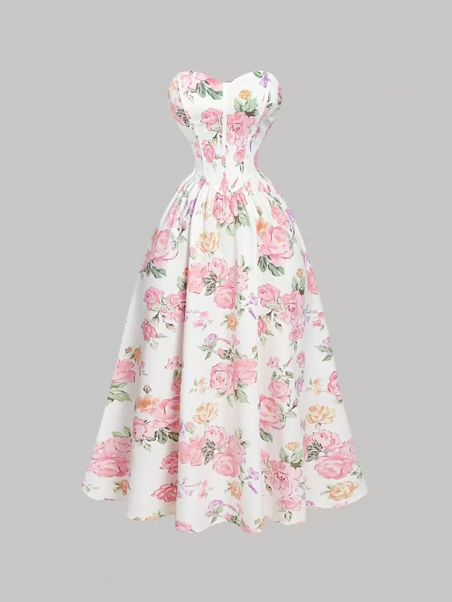 SHEIN MOD Vestido largo tipo tubo con estampado floral, vestido largo de estilo princesa para fiestas en tallas grandes - Multicolor - Ver 1