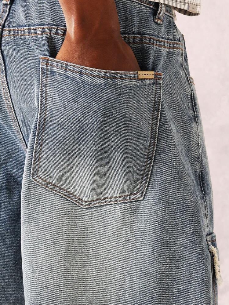 Raw Edge Distressed Cargo Denim Shorts