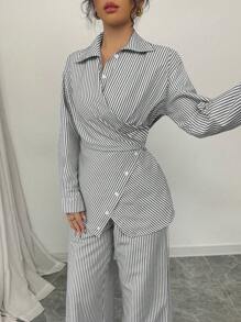 Modelyn 2 件套女士编织条纹纽扣领带套装，带长袖衬衫和裤子 - 黑色 - 查看 3