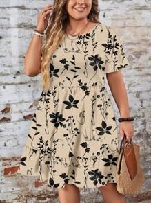 EMERY ROSE Casual Minimalist Ditsy Floral Loose Round Neck Short Sleeve Plus Size Dress, Suitable For ,Beach Dress Sundress,Holiday Outfits Boho Chic Dress,Flower/Spring/Summer/Vacation - Apricot - View 4