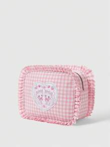 ROMWE Kawaii Women's Pink & White Plaid Lace Cherry Cat Pattern Bow Decor Cosmetic Pouch - Multicolor - View 2