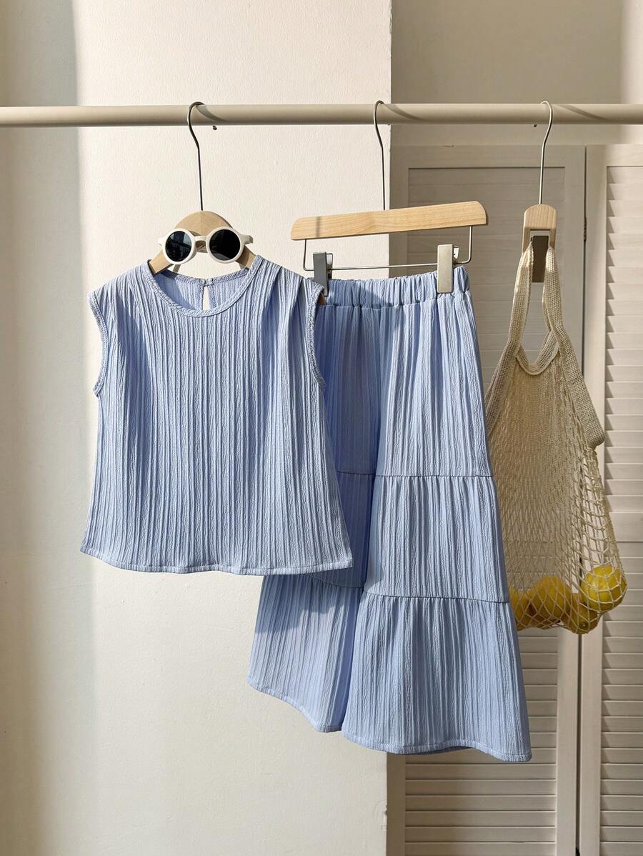 SHEIN 2pcs/Set Young Girl' Korean Style Summer Outfit, Loose Sleeveless Top And Layered Loose Pants, Fashionable Summer Vacation Casual Set - Blue - View 1