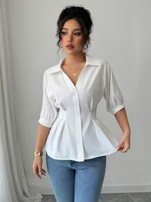 Franclia Premium Sense 白色领口 V 领短袖修身女式上衣，简约衬衫 - 白色 - 查看 4