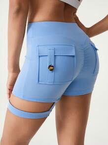 Hanevo 夏季运动服 女式高腰提臀修身健身跑步短裤 带口袋 - 淺藍色 - 查看 3