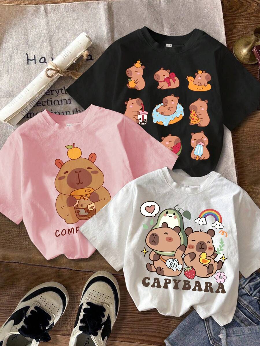 SHEIN Bộ 3 Áo thun tay ngắn cổ tròn họa tiết capybara dễ thương cho bé gái, thích hợp cho mùa hè - Nhiều màu - Xem 1