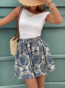 SHEIN Frenchy Women's Vacation Botanical Print Twist Waist Wide Leg Shorts Summer Flower