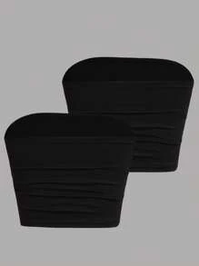 2pcs/Set Tween Girls Deep V-Neck Crop Top Camisole Racerback Stretchy Fitted Bustier, White/Black Solid Colors, Versatile Layering Wear Tube Tops - Black - View 2