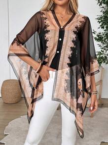 EMERY ROSE Women's I-Sheer Woven Fabric Lightweight Jacket With V Neck, Half Sleeves, And Asymmetrical Hem - Black - View 8