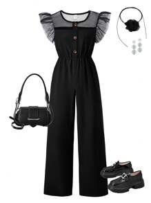 SHEIN Explorewe Tween Girls' Mesh Patchwork Woven Elastic Waist Ruffle Sleeve Jumpsuit Black Jumpsuit Tween Jump Suits For Girls - Black - View 3