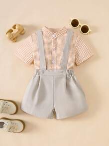 SHEIN French Retro Gentleman Style Toddler Boys 2pcs Set: Plaid Short Sleeve Shirt + Bib Shorts, Casual Fashion Spring/Summer - Orange - View 3