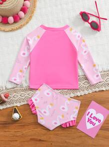 Baby Girl 2pcs Swimsuit Set, Printed Top And Printed Bottoms, Exposed Seam, Separate Pieces - Multicolor - View 2