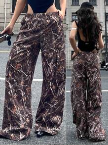 SHEIN EZwear 女士春夏节日西部风情摇滚街头服饰森林迷彩树枝图案弹性腰带工装裤 - 棕色 - 查看 5