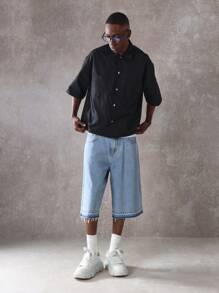 Sumwon Lifestyle Statement Short Sleeve Boxy Fit Fashion Shirt With Cool Urban Back Graphic Print, Streetwear Casual Button Up Shirt For Daily Fashion - Black - View 7