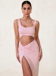 Glamine 镂空扭纹前开衩大腿连衣裙 女式超长装 - 粉色 - 查看 4