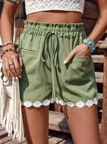 LanaWest Women's Country Music Festival Olive Green Patchwork Floral Trim Waist Ruffled Pockets Casual Vacation Shorts - Olive Green - View 5