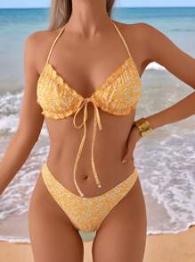 SHEIN Swim Women 3 Piece Beach Outfits, Random Ditsy Floral Halter Neck Tied Waist Beach Dress, Summer Swimwear - Orange - View 3