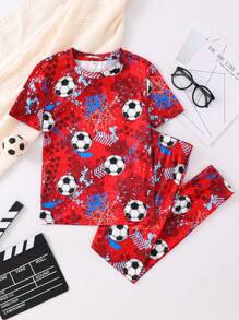 SHEIN Leap Crew Tween Boys Snug Fit Soccer Graphic Crew Neck Short Sleeve Top And Pants Knit Sleepwear 2Pcs Set