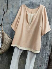 Linhara Plus Size Contrast Color Button-Up Textured Fabric Short Sleeve Shirt, Faux Layered Look - Khaki - View 1