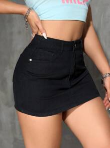 SHEIN PETITE 女士休闲百搭口袋紧身牛仔半身裙 - 黑色 - 查看 4