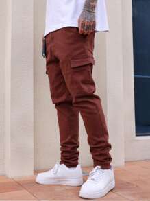 Manfinity Homme Men's Casual Cargo Pockets Washed Denim Jeans, Versatile & - Coffee Brown - View 6