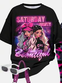 SHEIN Leap Crew 卡通动漫女孩印花，粉色迷彩，青少年女孩休闲简约短袖上衣和裤子两件套，适合夏季 - 彩色 - 查看 3