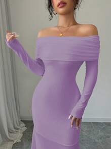 Rafferiza 性感优雅修身长袖收腰双层露肩露背扭纹鱼尾下摆罗纹针织连衣裙，白色，秋冬超长女装 - 淡紫色 - 查看 3