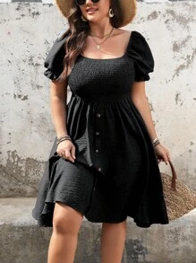 EMERY ROSE Vestido de talla grande para mujer con mangas abombadas, decoración de botones frontales y unicolor